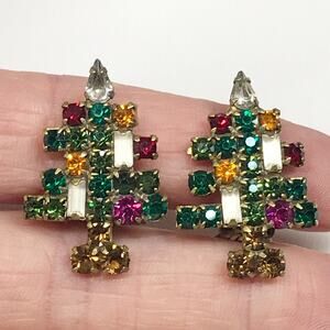 Vintage Weiss 2 Candle Christmas Tree Rhinestone Clip On Earrings Book Piece
